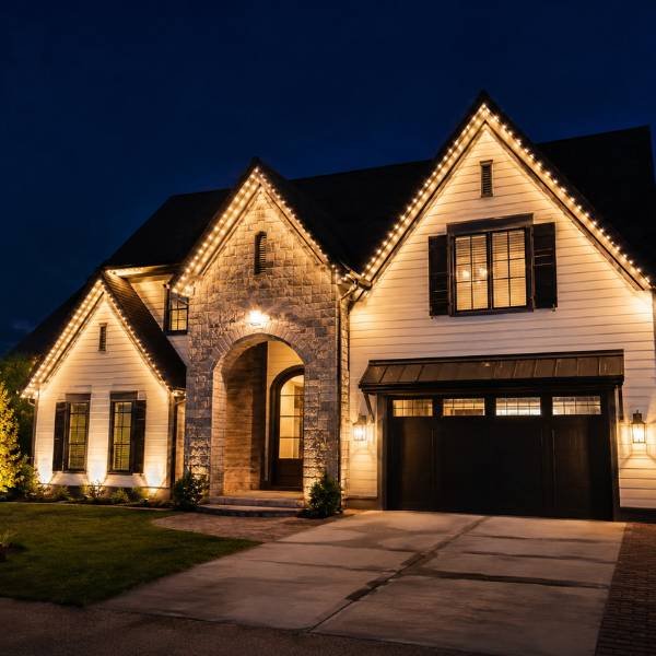 Elegant home facade with permanent warm roofline lighting